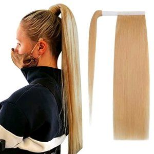 22 Inch Straight Blonde Wrap Around Ponytail Human Hair Extension Pony Tail New